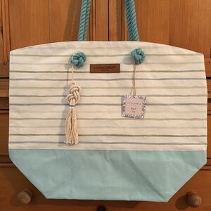 NWT Oversized 100% Cotton Canvas Beach Tote, creamy white w/ocean colors